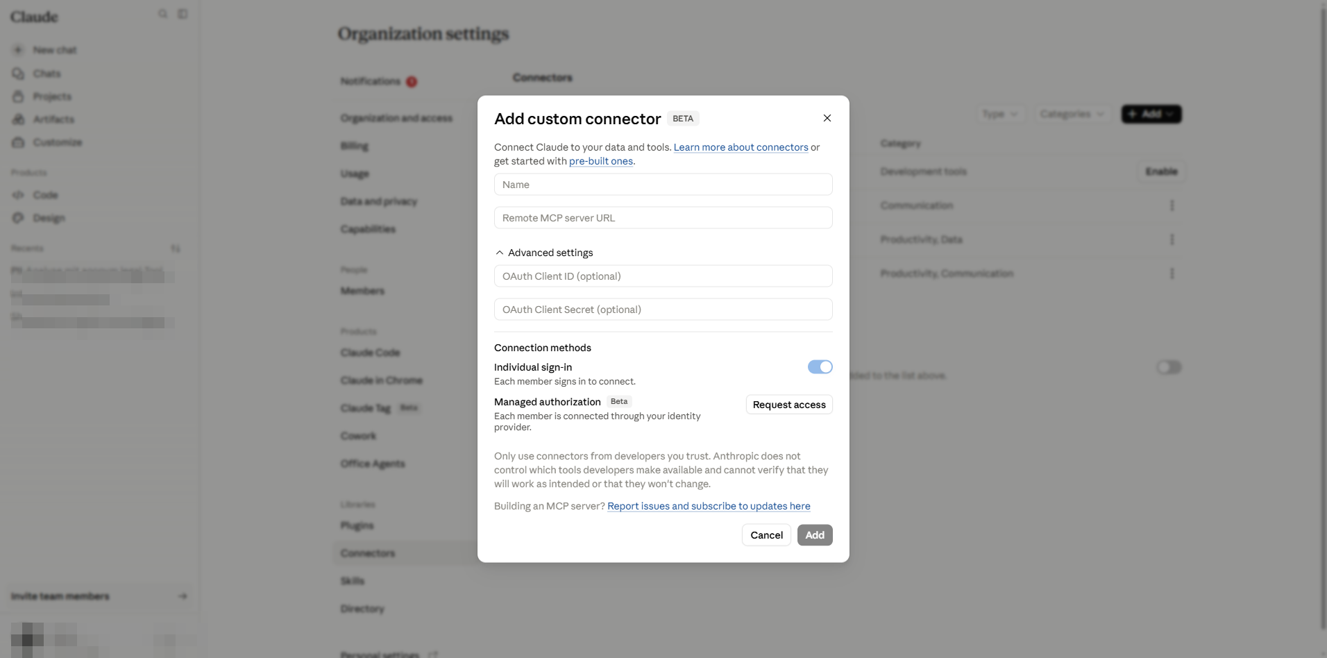 Empty add-connector dialog