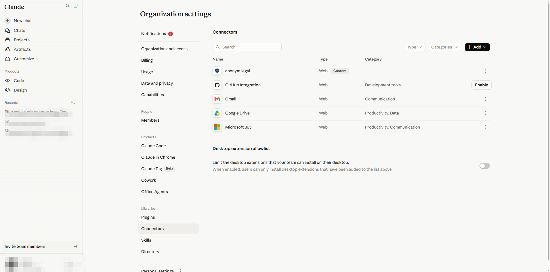 Connectors list showing anonym.legal registered