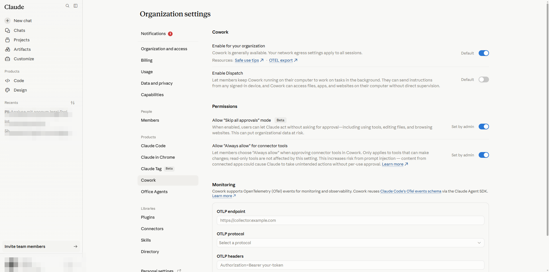 Cowork Permissions screen